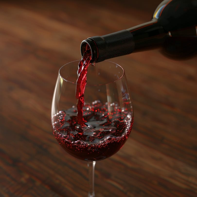 Red wine pouring from a bottle into a glass, creating bubbles on a wooden background.